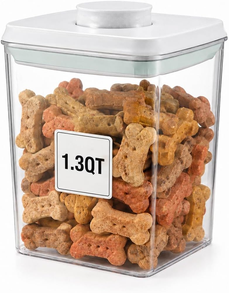 USYOGO Pet Dog-Cat POP-Treat Airtight jar-Container - 1.3 Qt/1.2 L | Stackable One-Touch Opening | Airtight Dog and Cat Food Storage Container | BPA-Free