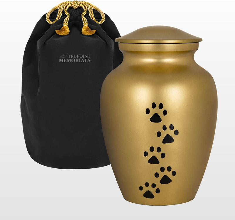 Trupoint Memorials Pet Urn for Dogs and Cats Ashes, Paws Print Grey Cremation Urns for Pets - Gold, Small Up to 17lb