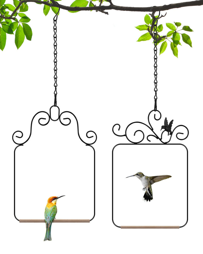 PACETAP Hummingbird Swings and Perches Metal Frame 2 Pack, Wild Bird Swing Outdoor Bird Perch with Wooden Dowel and 2 Hanging Chain for Hanging Indoor, Outdoor, Trunk, Lawn, Patio, Garden (Black)