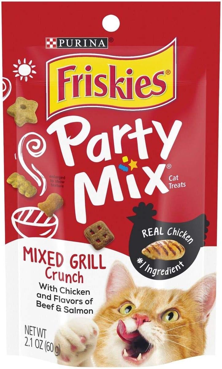 Friskies Party Mix Cat Treats Chicken Mixed Grill Crunch, Beef and Salmon, 2.1 Oz