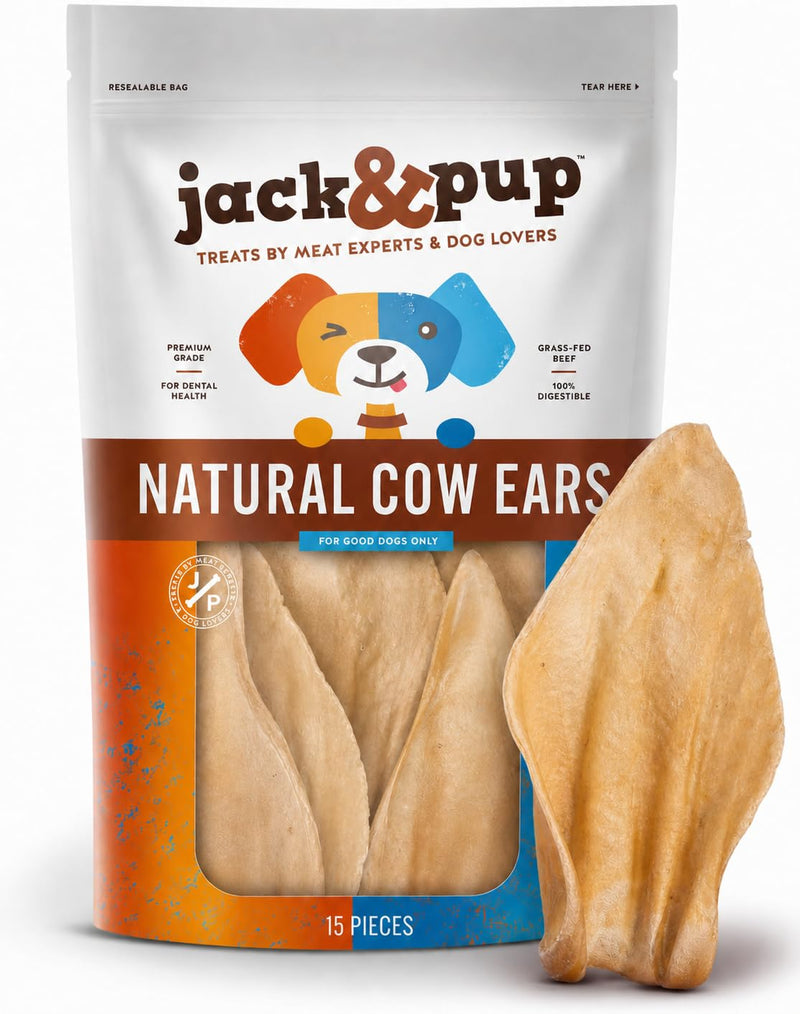 Jack&Pup Cow Ears for Dogs (15 Pack) – Natural Whole Cow Ears, Single Ingredient Dog Treats, Thick Cut, High Protein Chews, Excellent Rawhide Alternative for Small & Large Dogs