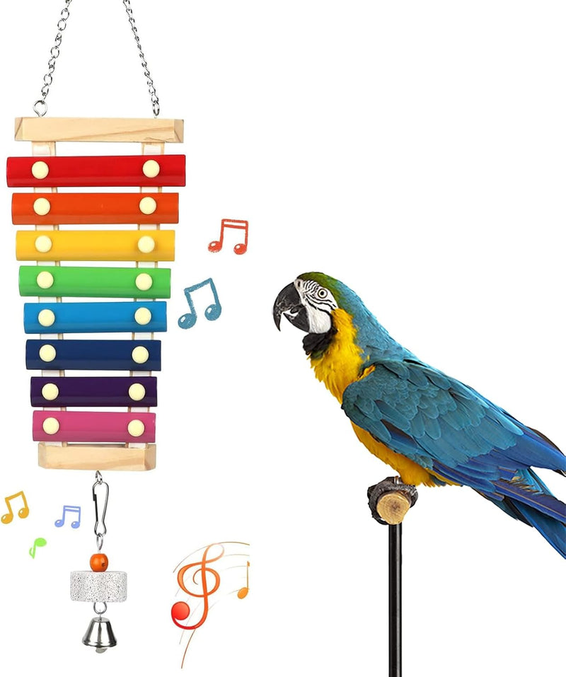 Large Parrot Suspensible Xylophone Toy, Multicolored Natural Wooden Bird Chewing Toys with Grinding Stone for Large, Med