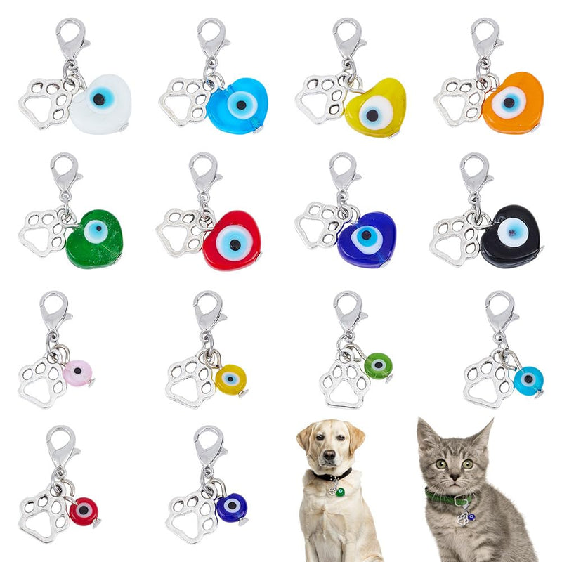DELORIGIN 14pcs Heart Evil Eye Collar Pendants for Cat Dog Alloy Glazed Pet Collar Pendants Clip-on Dog Paw Pet Puppy Collar for Bag Keychain Jewelry Making Training Home Decor