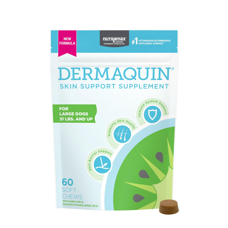 Nutramax Dermaquin Skin Support Supplement for Large Dogs, Supports Healthy Response to Allergens, with Hardy Kiwi, Omega-3s, and More, Tasty Soft Chews, 60 Count