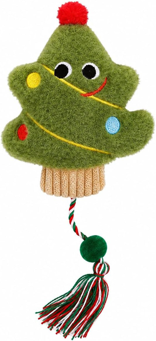 Christmas Tree Plush Cat Toy with Rope Tassel, Green