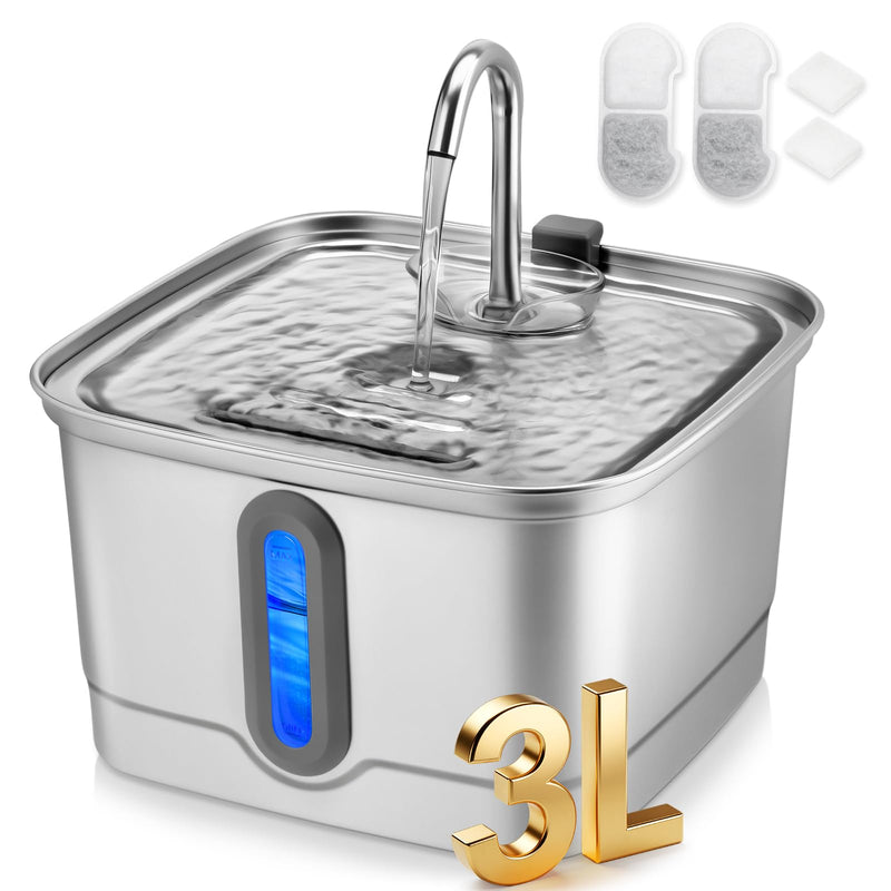 SEIRMEP Stainless Steel Cat Water Fountain, 101oz/3L Automatic Pet Water Fountain, Dog Water Fountain with Replacement Filters for Cats, Small Dogs (2 Filters and 2 Sponges)