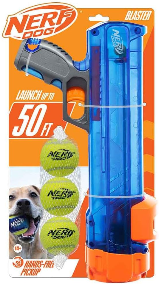 Nerf Dog Tennis Ball Blaster Dog Toy Gift Set, Tennis Ball Dog Fetch Toy Launches up to 50 ft, Dog Ball Thrower for All Breeds Includes Green Tennis Ball Launcher and 3 Dog Tennis Balls