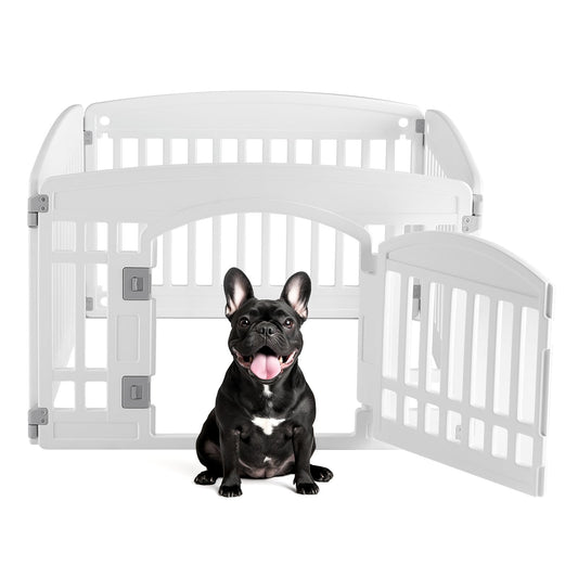 DUMOS Dog Playpen 4 Panels 24" Plastic Exercise Indoor Pen with Door Small Puppy, Medium Dogs Animal Pet Fence for Outdoor, Garden, Yard, RV Camping, White