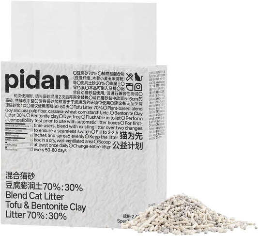 pidan Mix Cat Litter,Tofu Cat Litter with Bentonite 70%:30%,Absorbent and Fast Drying,Flushable Tofu Litter,Selected Quality Pea Dregs,5-Fold Water Absorption,Strong Clumping(5.3lb×4bags)