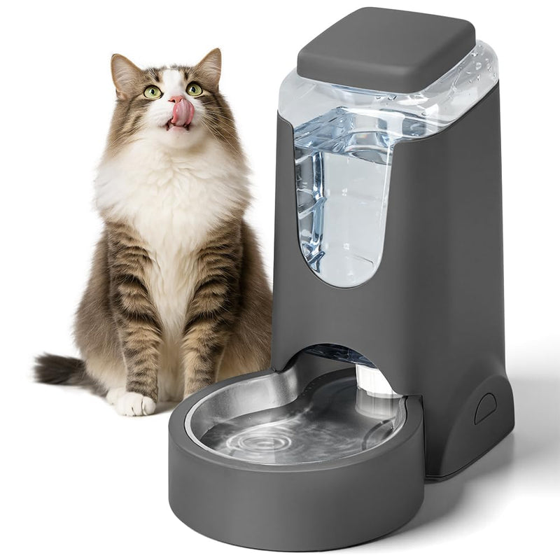 1 Gallon Automatic Cat Feeder Gravity Stainless Steel Water Dispenser Dog Feeder for Small Medium Puppy Kitten Pets Water Feeding Bowls,Charcoal Gray