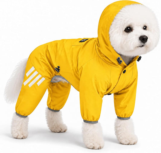 Dog Raincoat Pup Hood Waterproof Dog Rain Jacket with Reflective Strips Canine Rain Outfit Adjustable Fit Great for Outd