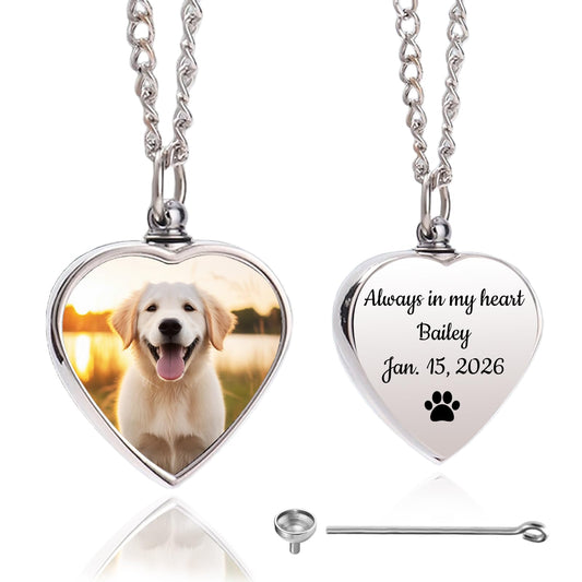 Cupike Personalized Pet Urn Necklace for Dog Ashes Custom Engraving Photo Text Pet Cremation Jewelry Customize Memorial Gift for Pet Dog Cat Ashes Necklace (01-Heart)