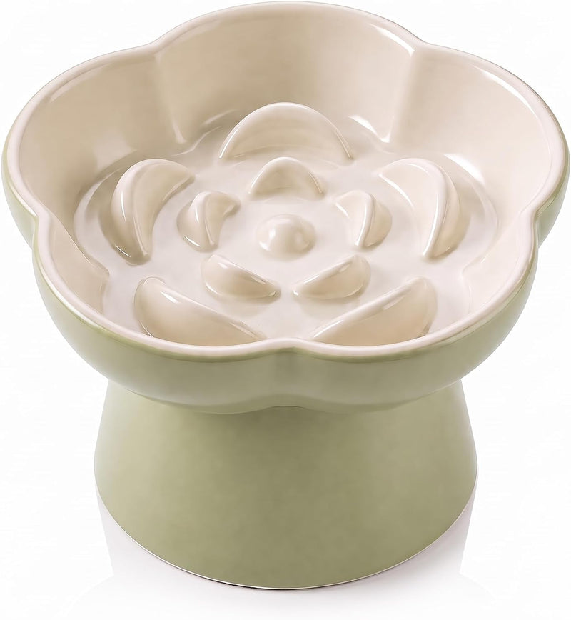 FOCPB Ceramic Elevated Slow Feeder Cat Bowl, Raised and Gently Tilted Feeding Dish with Maze Design, Whisker-Friendly, Easy to Clean, for Indoor Cats and Small Dogs (Green/Ivory)