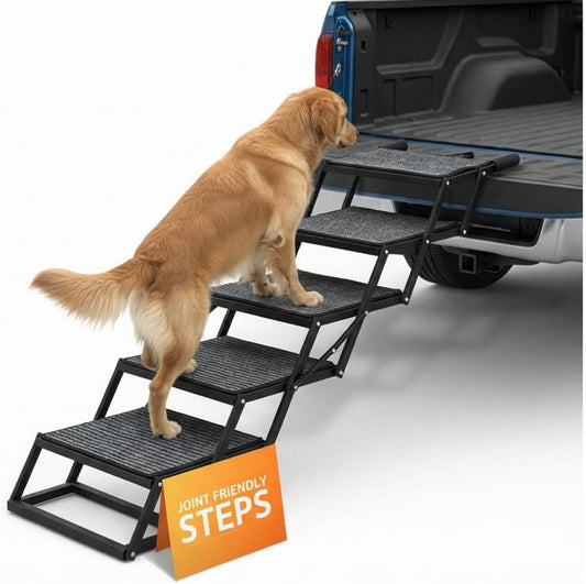 Brulio Foldable Dog Stairs for Cars Trucks & SUVs - Heavy-Duty Carbon Steel Pet Ladder Supports 230LB - Non-Slip Metal Mesh Joint-Friendly Portable Ramp for Large Dogs - 5 Step Pet Stairs w/Mat