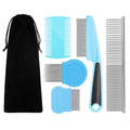 Flea Comb For Dogs & Cats Pet Comb Grooming Set 5 Pieces Metal Teeth Durable Remove Tear Stain Float Hair Combing tangled hair Dandruff Add Storage Pouch (Blue)
