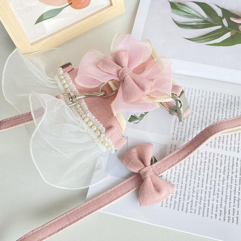 Bowknot Cat Harness Leash Princess Cat Dress Costumes, Kittten Dress Puppy Harness, Dog Traction Rope Chest Strap(Pink)