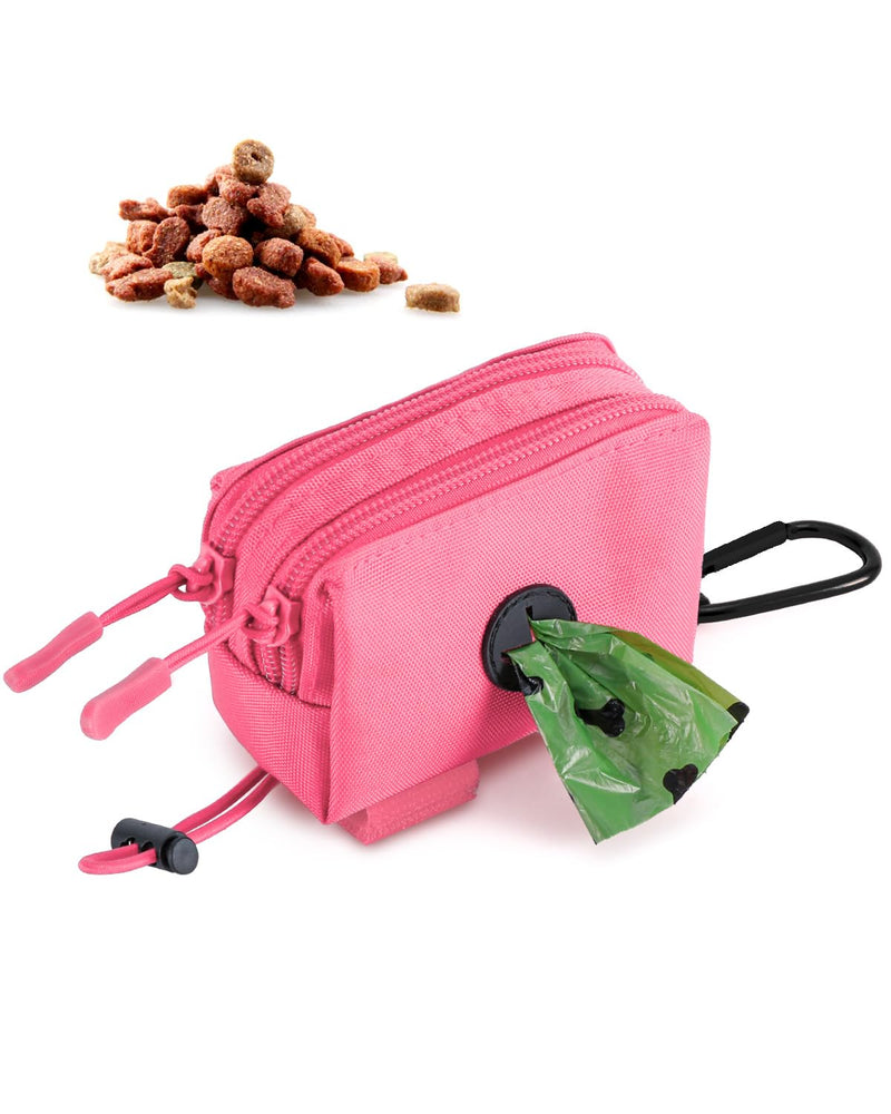 Dog Poop Bag Holder for Leashes, Pink Doggie Waste Bag Dispenser and Treat Holder, with Carabiner Hook and Poop Bag Clip, Used Waterproof Wear-Resistant Fabric and 2 Zippered Pouches for Walking