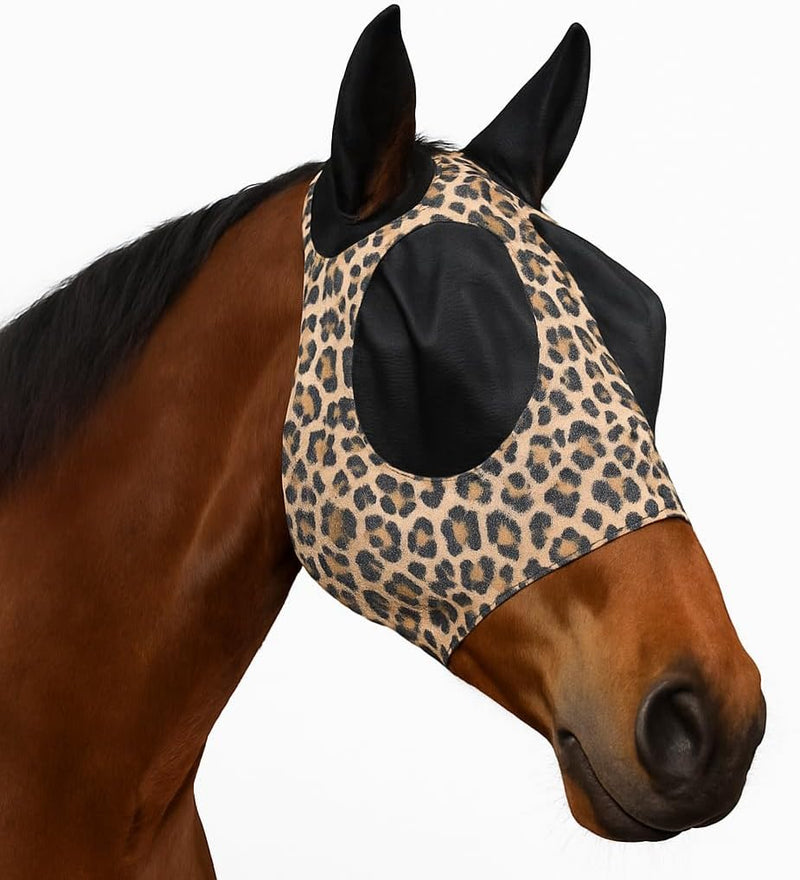 Stretchable UV-Blocking Equine Fly Mask with Moldable Ear Covers, Adjustable Comfort Mesh Straps, Leopard-Pattern Pastur