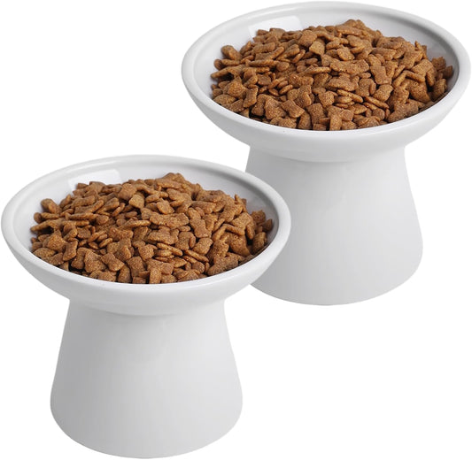 KITCHENLESTAR 6.2 Inch Extra Wide Elevated Ceramic Cat Bowls, Food and Water Bowl Set for Elder Big Cats Small Dogs, Raised Design for Pet Easy Eating, Protect Cat's Spine Set of 2(White)