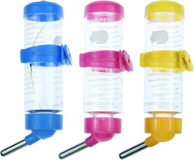 3 Pack Hamster Water Feeder Bottle, 125 ml No-Drip Small Animals Water Dispenser, Pet Hanging Water Bottle for Guinea Pi