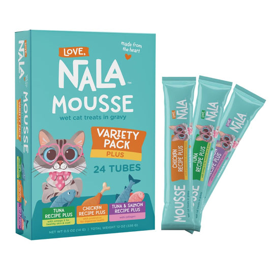 LOVE, NALA - Natural Lickable Cat Squeeze Up Treat,Topper - Variety Plus Pack Mousse - Wet Food Cat Puree - Grain Free, Non_GMO Minerals, Vitamins - 24 Pack