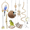 TOLMIOW 9-Piece Parrots Chewing Toy Set - Natural Wood & Rope Bungee Toys for Anchovies, Coconut Hideaway with Ladder, Bird Perch Stand, Cage Accessories for Parakeets, Cockatiel, Conure, Mynah, Macaw