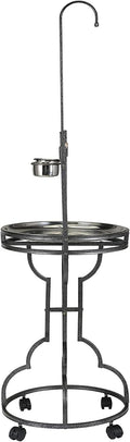 Elegant and Durable Wrought Iron Parrot Bird Play Perch Sturdy 4-Leg Rolling Stand Perch Gym Ground with Removable No Rust Stainless Steel Tray and Feed Cups Toy Hook
