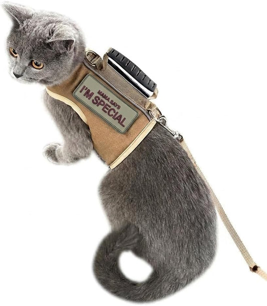 Tactical Cat Harness and Leash for Walking Escape Proof, Adjustable Cat Walking Jackets, Padded Stylish Cat Vest, Khaki, Large