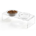 Feoyoho Elevated Acrylic Pet Bowl Stand – Raised Cat & Dog Bowls with 2 Glass & 2 Stainless Steel Bowls, Modern Clear Design, Non-Slip, Easy to Clean, Perfect for Small Pets, 3.75" Tall