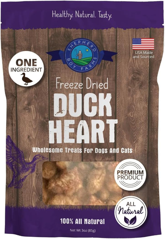 Shepherd Boy Farms Freeze Dried Dog and Cat Treats, Duck Heart, All Natural Freeze-Dried Dog Treat & Snack, Made in USA, High in Protein, Essential Nutrition of Raw Food, Single Ingredient 3oz