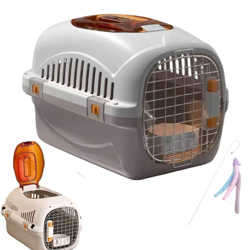 Hard Top Load Cat Carrier,Airline Pet Carrier,Cat Carrier Hard Shell, 360° Ventilation, Front Metal Door, Secure Latches,Includes Feather Wand,Hiking Car Travel Crate for Cats Small Dogs (Gray Set)