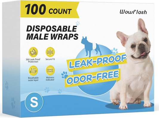Wowflash 100 Count Dog Belly Bands for Male Dogs, Male Dog Diapers Disposable, Leakproof Dog Wraps with Wetness Indicato