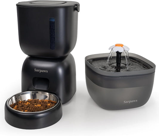 Automatic Cat Feeder and Water Dispenser FW1, Wire or Battery Cat Food Dispenser Timer Pet Feeder - Locking Lid, Desiccant Bag, Programmable Portion Control, 4 Daily Meals, 10s Voice Recorder