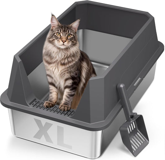 TEVILA Stainless Steel Litter Box with High Sides, XL High Sided Cat Litter Pan, Open Top Extra Large Metal Cat Litter Box, Non-Stick, Odor Free, Leakproof, Scoop Included, Gray