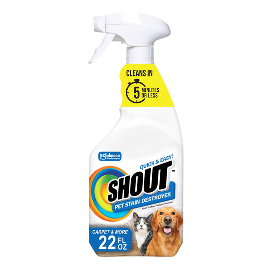 Shout Pet Stain Remover Spray, Color-Safe Multisurface & Carpet Cleaner Solution for Dog & Cat Urine, Feces, Vomit & Mud, Fights Odors & Remarking, Fast-Acting Cleans in 5 Minutes or Less, 22oz