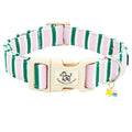 Elegant little tail Dog Collar, Cute Pink with Green Strip Pattern Pet Collars Soft Girl or Boy Adjustable Cotton Puppy Collar with Quick Release Buckle for Medium Dogs
