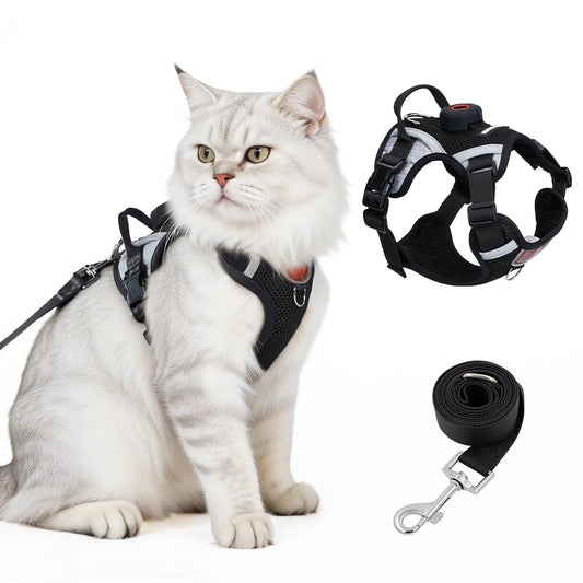 Cat Harness and Leash Set with Holder Compatible with AirTag, Upgraded Escape Proof Adjustable Vest Lead for Large Cat Small Dog Walking, Soft Breathable Mesh Jacket with Reflective Strips, Black, L