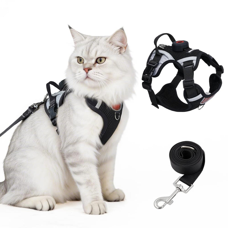 Cat Harness and Leash Set with Holder Compatible with AirTag, Upgraded Escape Proof Adjustable Vest Lead for Large Cat Small Dog Walking, Soft Breathable Mesh Jacket with Reflective Strips, Black, L