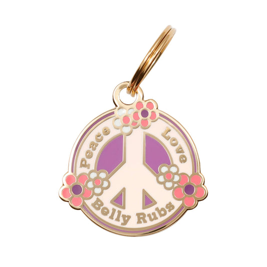 Two Tails Pet Company Personalized 'Peace, Love, Belly Rubs' Pet ID Tag & Collar Charm - Custom Engraved Dog Tags for Pets - Luxury Brass, Gold Plating