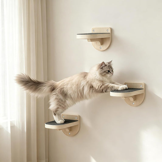 TIMHAKA 3 Pcs Cat Wall Shelves, Wooden Kitten Wall Climber for Indoor Cats, Cat Wall Step with Non-Slip Carpet for Climbing, Jumping & Playing