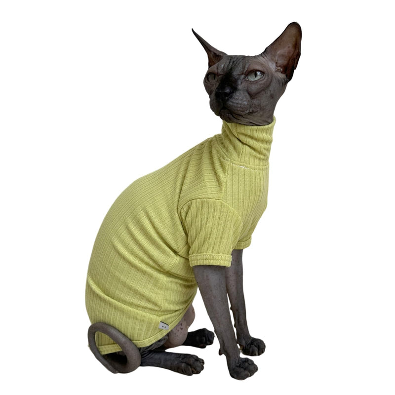 Sphynx Cats Shirt Cat Turtleneck Cotton Sweater Pullover Kitten T-Shirts with Sleeves Cat Pajamas Jumpsuit for Sphynx Cornish Rex, Devon Rex, Peterbald (Medium (Pack of 1), Green Yellow)