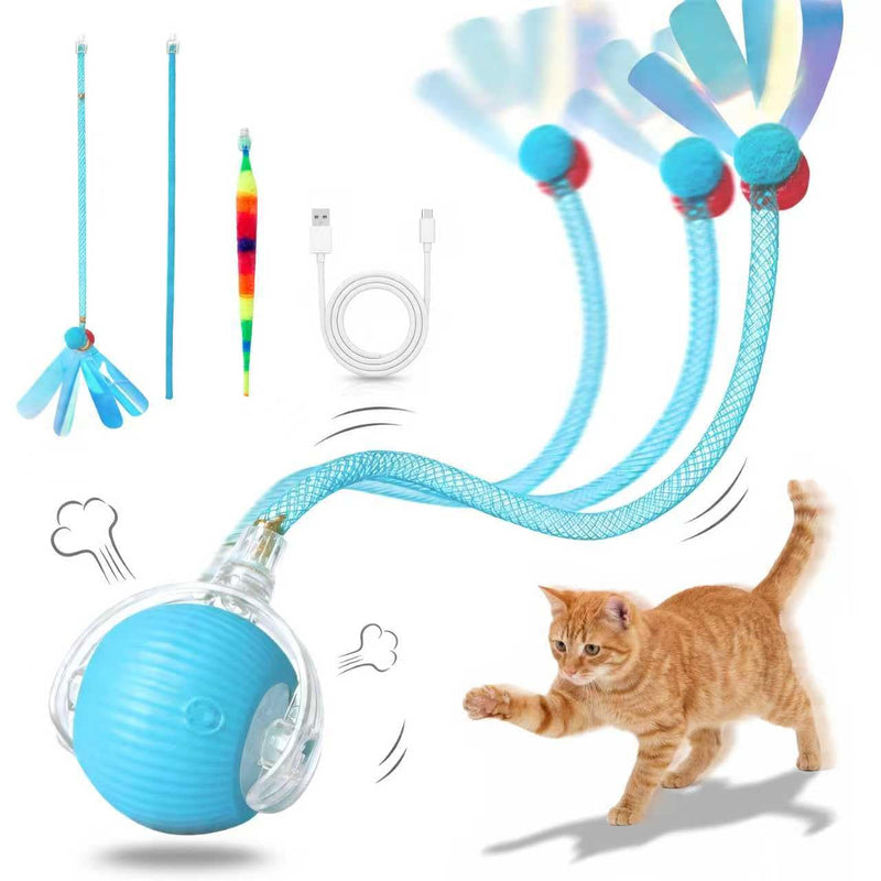 Rechargeable Smart Rolling Cat Ball, Automatic Interactive Cat Toy with 3 Modes, LED Light & 3 Replaceable Accessories, Indoor Cat Exercise Toy for Kittens & Adult Cats, for Boredom Relief Sky blue