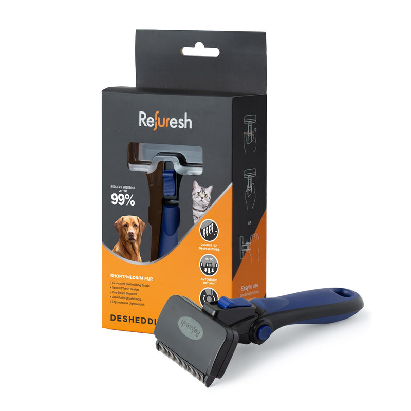 Refuresh Deshedding Dog Brush for Short/Medium Hair (Medium,Blue) – Gentle Deshedding Tool for Dogs & Cats – Reduces Shedding, Without damaging Topcoat. Removes Loose Fur & Dead Undercoat.