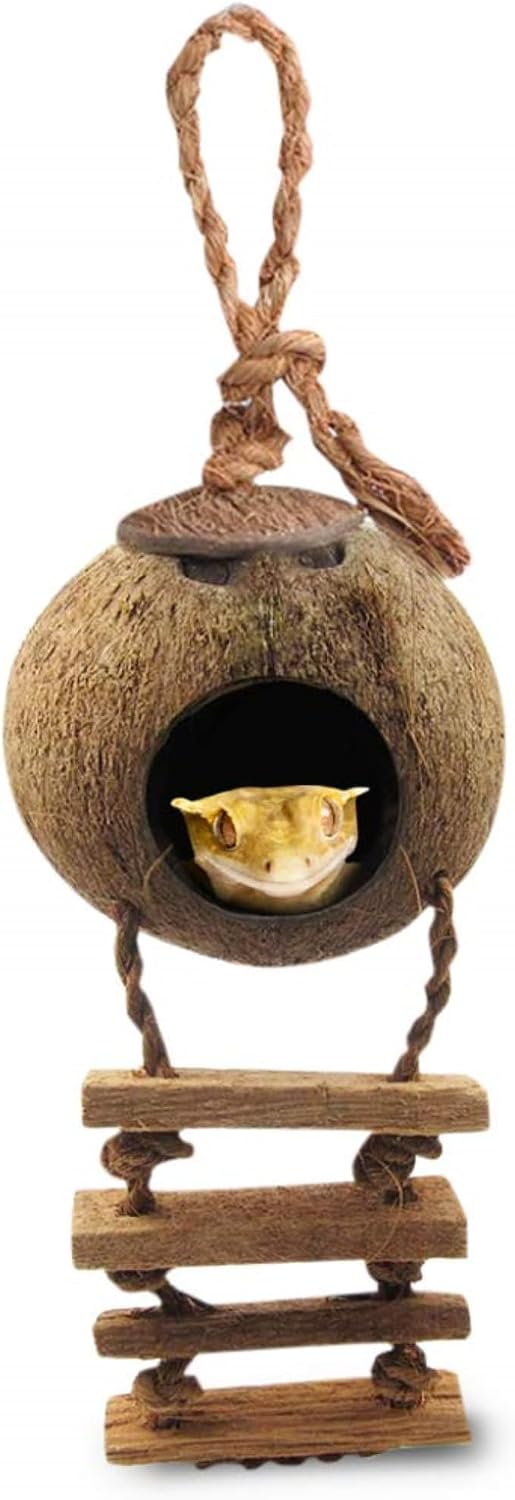 SunGrow Crested Gecko, Snake & Ball Python Coco Hut, Treat & Food Dispenser, Climbing Porch, Hiding, Ideal for Reptiles,