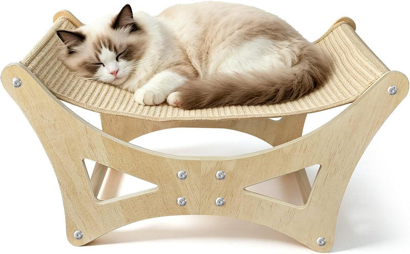 Cat Hammock Bed for Large Cats, Elevated Wooden Bed with Natural Sisal Scratching Mat, Cozy Lounge with Soft Cushion, Su