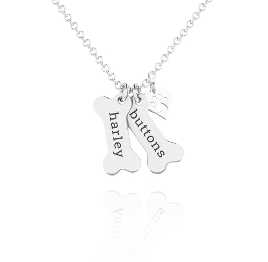 Custom Dog Bone Memorial Necklace With 925 Sterling Silver Paw Print Charm - Memorial Necklace With Personalized Names For Dog Lovers - Pet Jewelry Puppy Animal Pendant