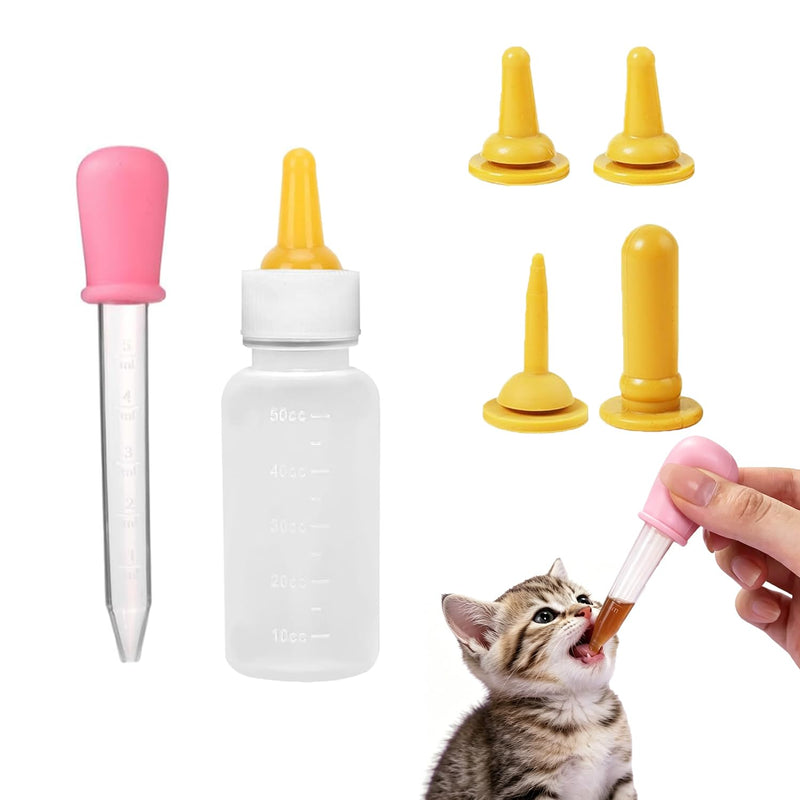 Pet Feeding Kit for Newborn Cats & Dogs | 50ml Milk Bottle + Dropper + 4 Replaceable Nipples | Kitten & Puppy Nursing Tools