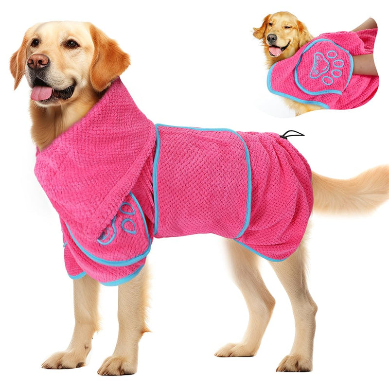 SlowTon Dog Bathrobe Drying Coat – Super Absorbent Microfiber Towel Wrap with Adjustable Collar & Belly Strap, Fast Drying Bath Robe for After Bath Swim, for Large, Medium, Small Dogs (Pink M)