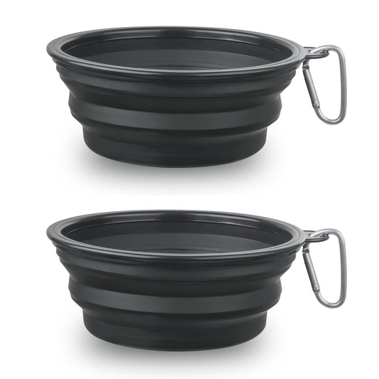 Large Dog Bowl Pet Collapsible Bowls, 2 Pack Collapsible Dog Water Bowls for Cats Dogs, Portable Pet Feeding Watering Dish for Walking Parking Traveling with 2 Carabiners (Large, Black+Black)