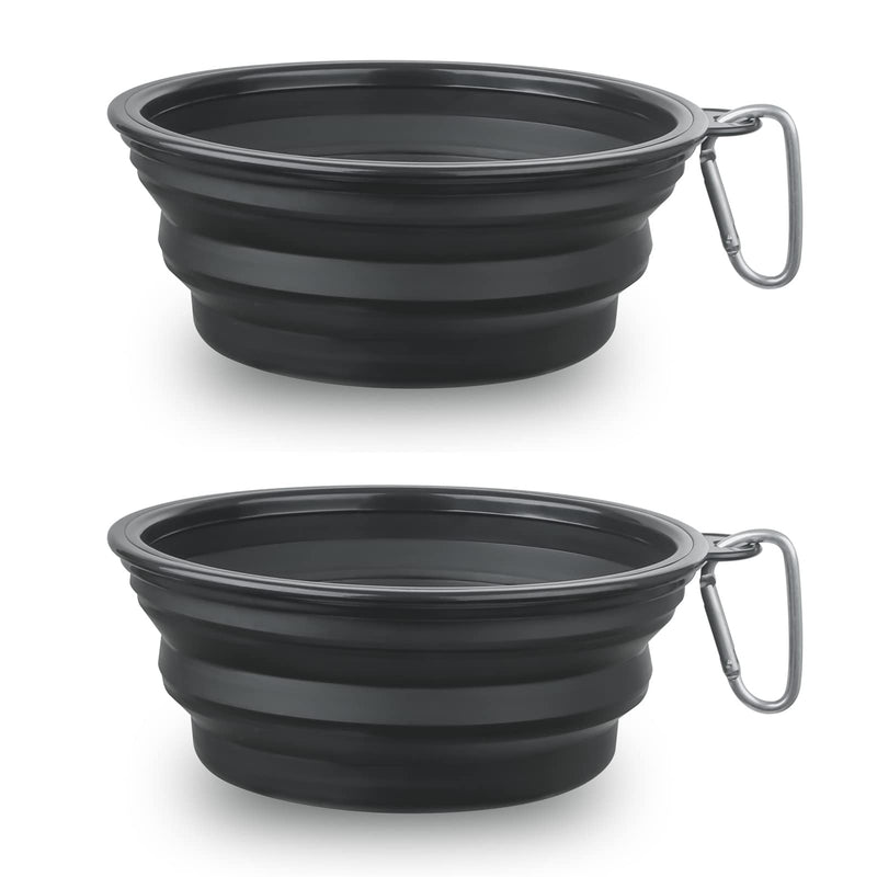 Large Dog Bowl Pet Collapsible Bowls, 2 Pack Collapsible Dog Water Bowls for Cats Dogs, Portable Pet Feeding Watering Dish for Walking Parking Traveling with 2 Carabiners (Large, Black+Black)